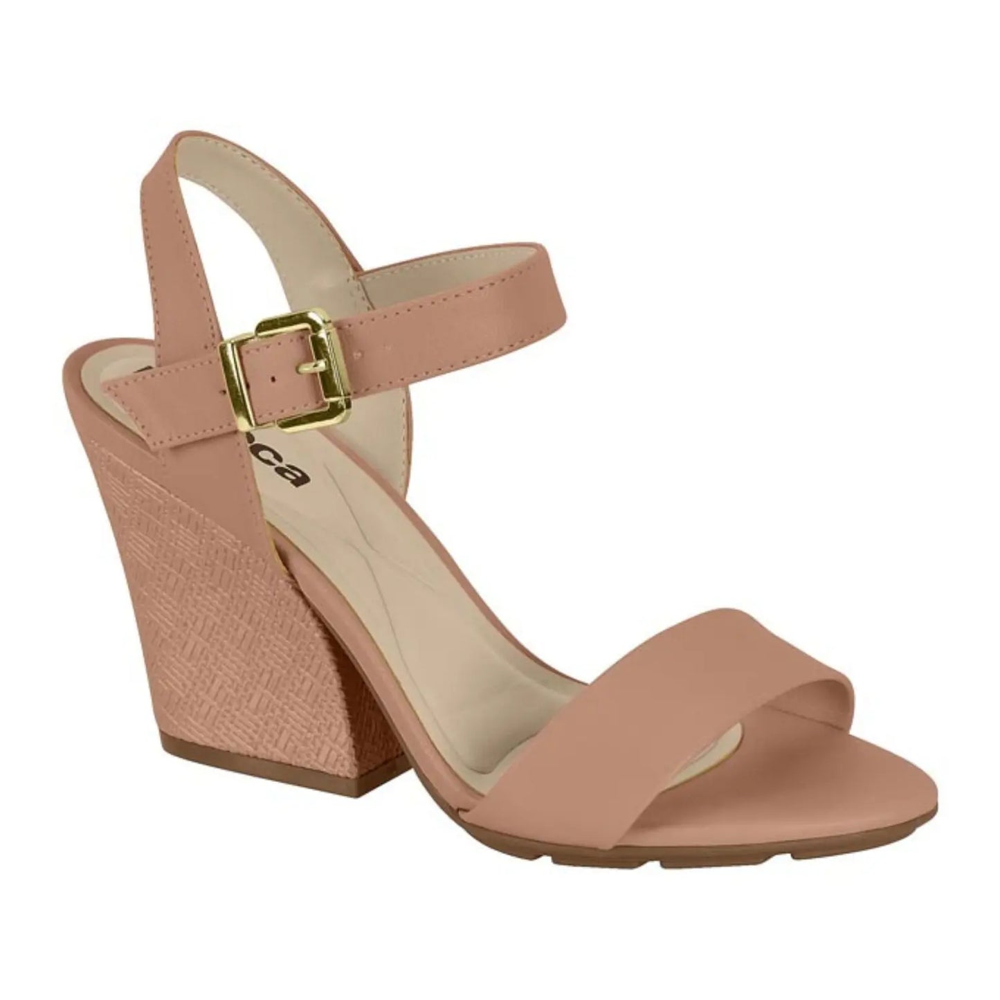 Product shot of a blush pink women's heeled sandal with a gold buckle and textured heel