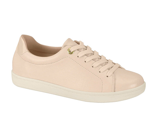 Product shot of a blush-pink leather sneaker with cream sole and gold accents featuring a minimalist design and comfortable silhouette