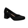 Product shot of a black women's low block heel pump featuring a gold logo and subtly textured fabric with a rounded toe and a slightly cushioned insole