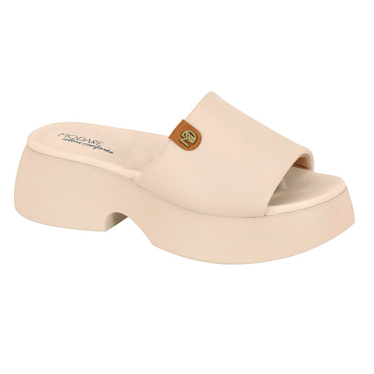 Modare platform slide sandal featuring a beige upper a tan logo detail and a chunky curved sole