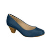 Product shot of a dark blue women's low heel featuring a beige insole and a light brown wedge heel