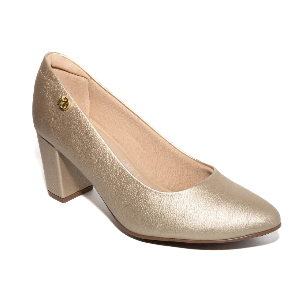 Product shot of a gold Beira Rio women's low block heel pump featuring a textured leather-like finish and a small logo detail on the inner side a beige insole