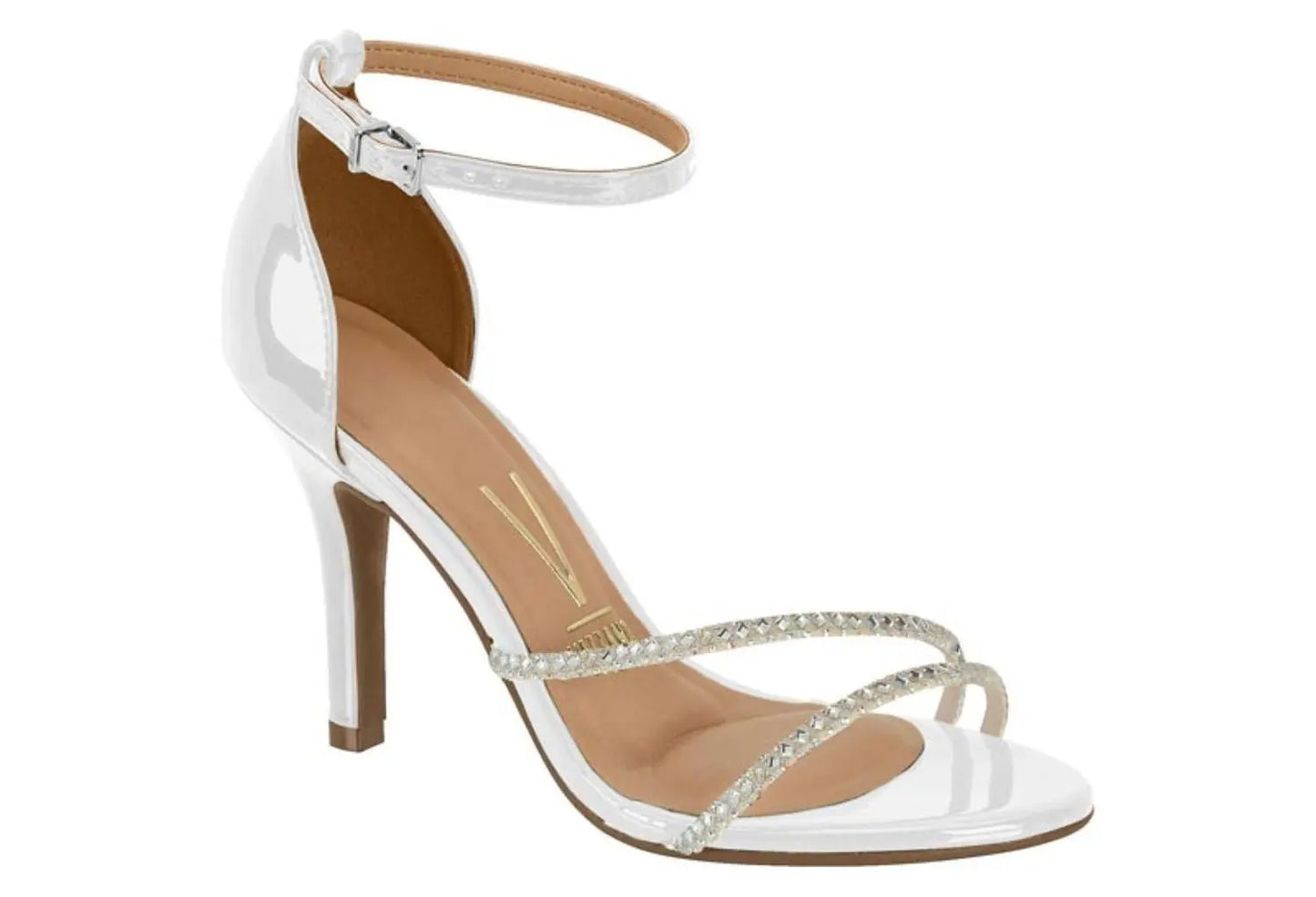 Product shot of a Vizzano white patent leather sandal with ankle strap featuring a rhinestone crisscross detail and nude insole