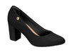 Product shot of a black women's block-heeled pump featuring a textured upper, gold-toned logo, and a slightly rounded toe