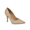 Product shot of a beige suede high-heeled pump with a gold logo detail and pointed toe featuring a slender heel and subtle stitching
