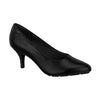 Product shot of a black women's low kitten heel pump with a slightly pointed toe and textured sole showcasing a sleek design and subtle shine against a white background