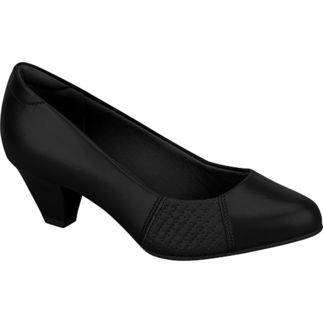 Product shot of a black low-heeled women's pump featuring a quilted detail, a slightly pointed toe, and a subtly textured insole