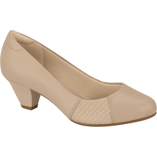 Product shot of a beige women's low heel featuring a subtle quilted pattern and a rounded toe