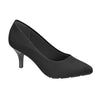 Product shot of a black women's low kitten heel pump featuring a slightly pointed toe textured matte finish and a ridged sole