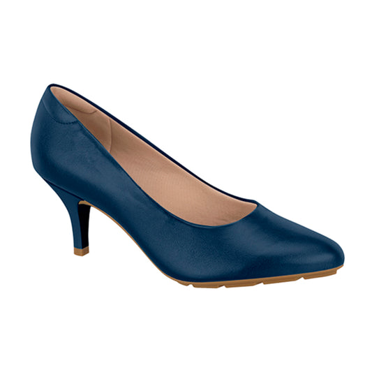 Product shot of a dark blue women's low kitten heel pump featuring a pointed toe and a light brown sole