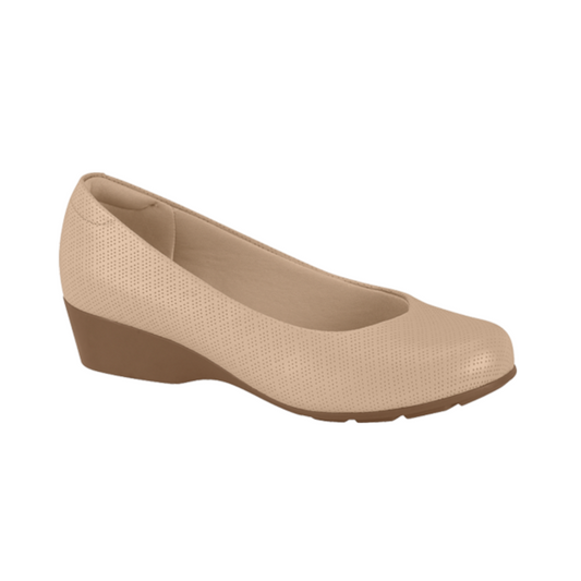 Product shot of a beige perforated wedge shoe with a brown sole featuring a round toe and subtle textured detailing