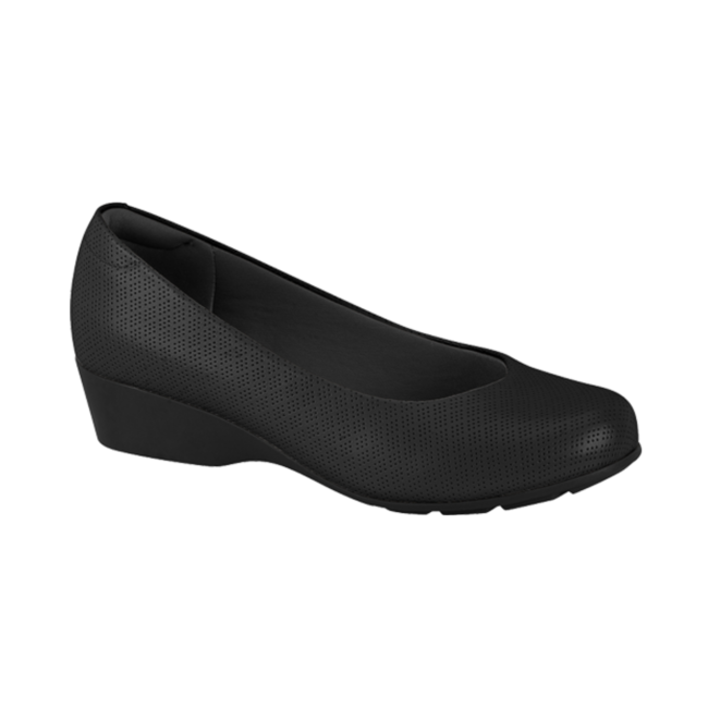 Product shot of a black perforated women's wedge shoe featuring a low, comfortable heel and subtly textured upper