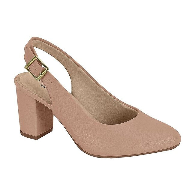 Product shot of a blush-pink women's slingback heeled pump featuring a gold buckle and a subtly textured finish showcasing a classic design
