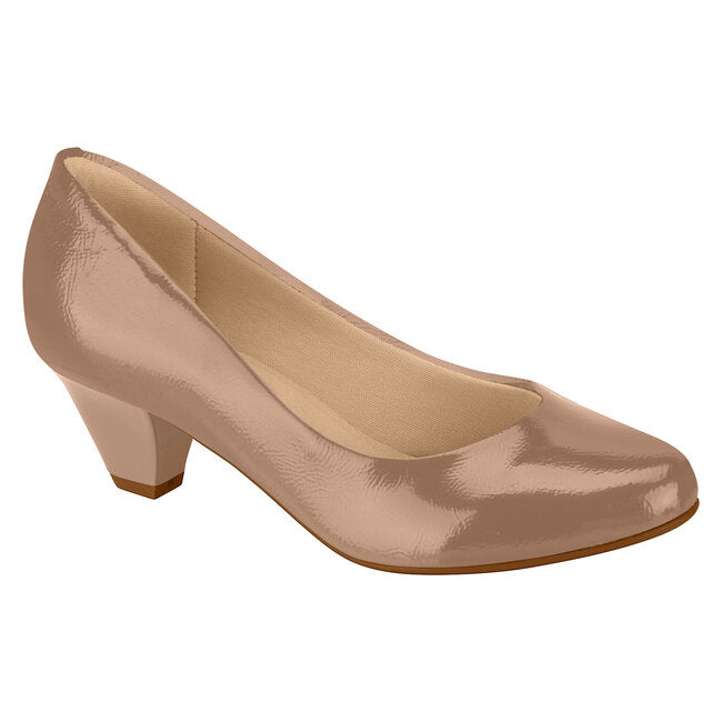 Product shot of a mauve patent leather women's low heel pump with a rounded toe and beige insole featuring a subtle sheen and a slightly tapered heel