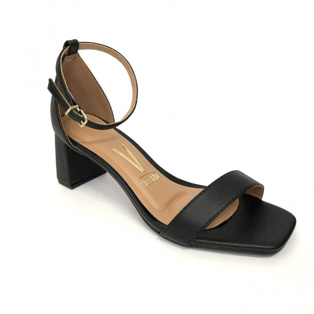 Vizzano black leather ankle-strap heeled sandal with a gold buckle and square toe featuring a low block heel and cushioned insole