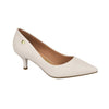 Product shot of a women's off-white pointed-toe kitten heel featuring a gold logo detail a light brown insole and a subtly curved silhouette