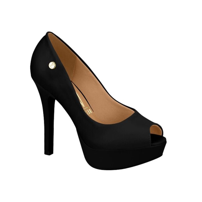 Product shot of a black platform peep-toe high-heel shoe featuring a gold logo detail on the side and a tan insole, showcasing its sleek silhouette and stylish design