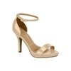 Vizzano beige patent leather heeled sandal with ankle strap and gold buckle showcasing a sleek silhouette and subtle platform