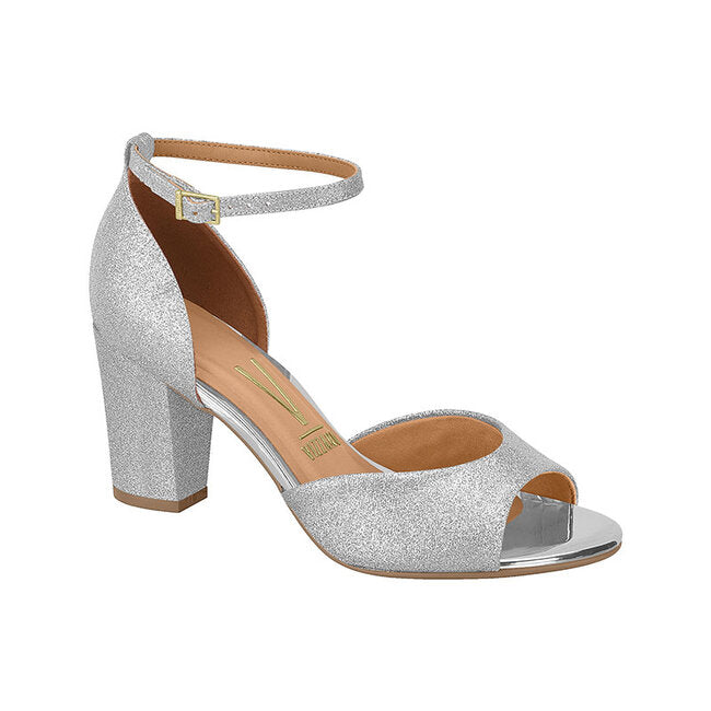 Product shot of a Vizzano silver glitter peep-toe heeled sandal featuring a delicate ankle strap and metallic detail on the toe
