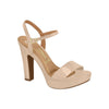 Vizzano beige platform sandal features a chunky heel ankle strap and glossy finish