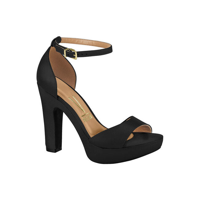 Product shot of a black Vizzano platform sandal featuring a chunky heel ankle strap and gold logo detail