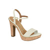 Vizzano women's off-white cork platform sandal featuring a gold trim ankle strap and a chunky cork heel