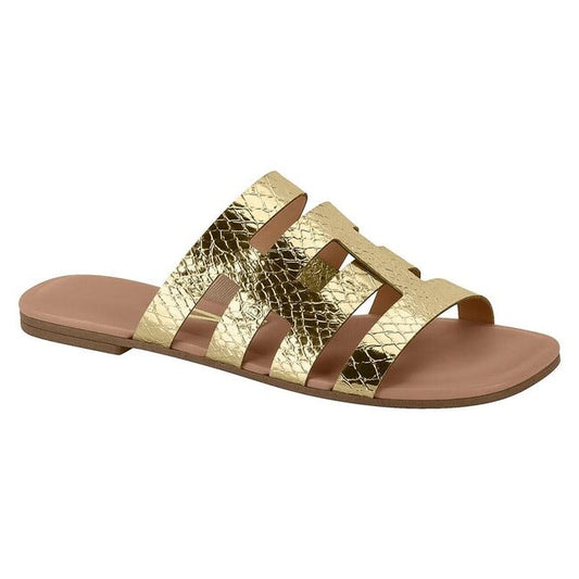 Gold metallic snakeskin-textured sandal with cutout design featuring a flat sole and neutral insole