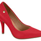 Product shot of a vibrant red pointed-toe high-heel featuring a gold-toned accent and a light brown insole showcasing the shoe's sleek design and sophisticated style
