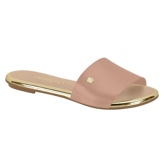 Beira Rio blush pink leather slide sandal with gold accents and logo detail
