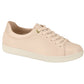 Product shot of a blush-pink leather sneaker with cream sole and gold accents featuring a minimalist design and comfortable silhouette
