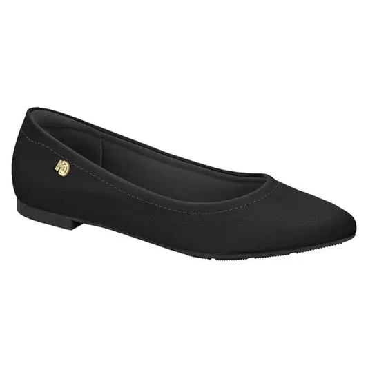 Product shot of a black Podium women's ballet flat featuring a gold logo and subtly textured fabric with a slightly pointed toe
