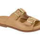 Product shot of a beige leather slide sandal with two gold buckles and a brown sole showing off its comfortable design and stylish features
