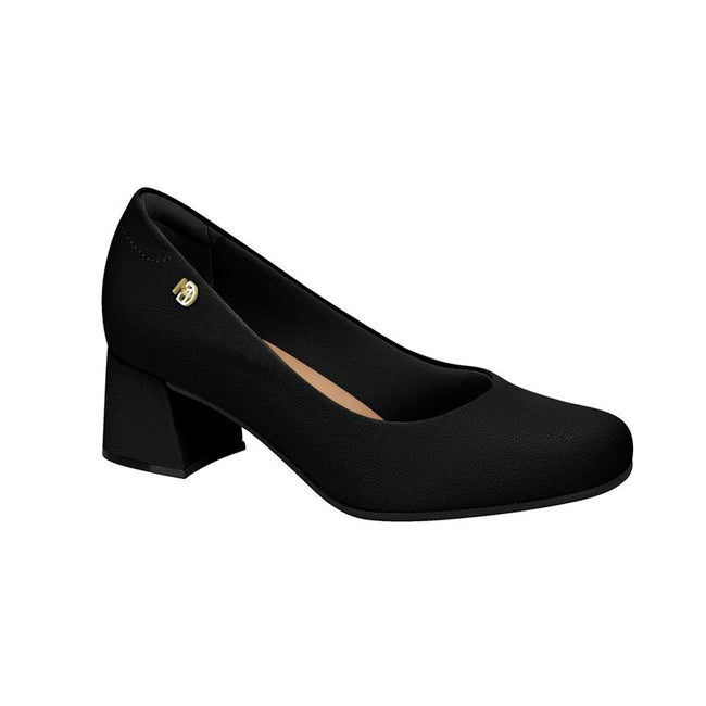 Product shot of a black women's low block heel pump featuring a gold logo and subtly textured fabric with a rounded toe and a slightly cushioned insole
