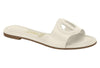 Vizzano off-white leather slide sandal featuring a cutout circular design, a brown sole, and gold logo detailing
