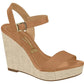 Vizzano wedge sandal featuring a light brown leather upper, a beige canvas wedge sole, and a gold buckle detail

