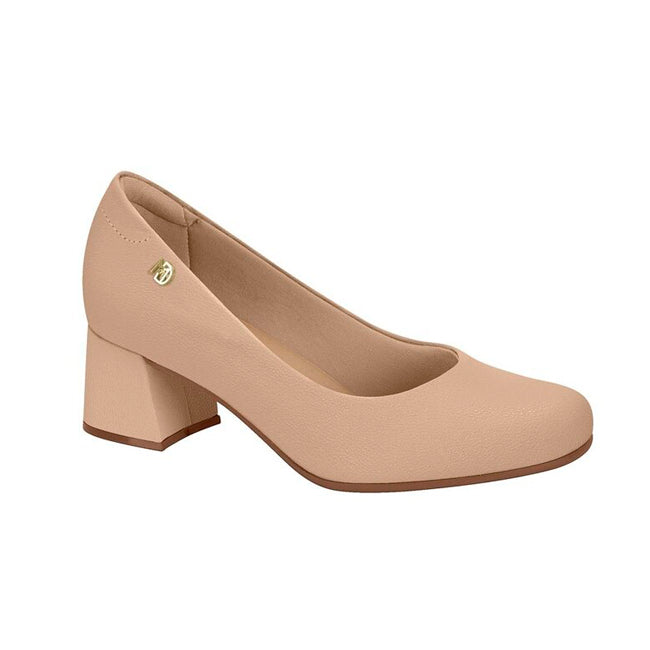 Product shot of a beige women's low block heel pump featuring a gold logo a slightly textured upper and a rounded toe
