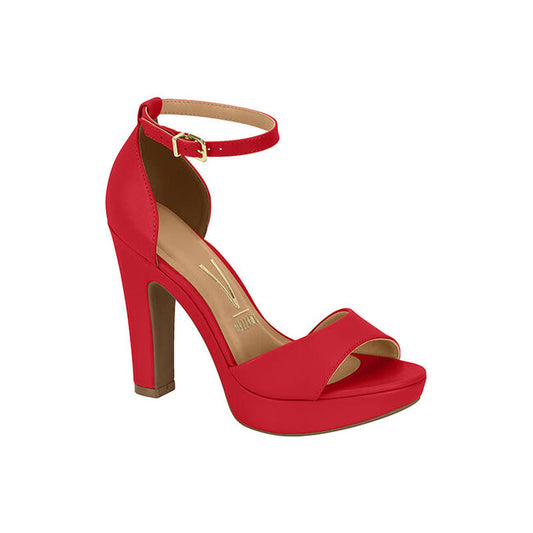 Product shot of a Vizzano red platform sandal featuring a gold buckle ankle strap and a peep toe design
