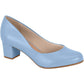 Product shot of a light blue women's low block heel pump featuring a slightly squared toe and subtle sheen on a white background

