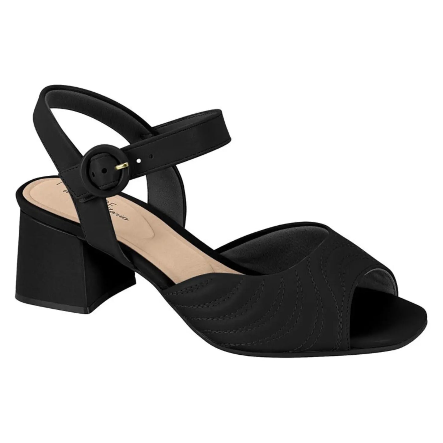 Product shot of a black Vizzano women's sandal featuring a block heel an adjustable ankle strap and quilted detailing on the toe
