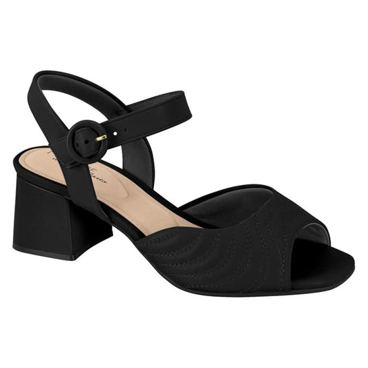 Product shot of a black Vizzano women's sandal featuring a block heel an adjustable ankle strap and quilted detailing on the toe

