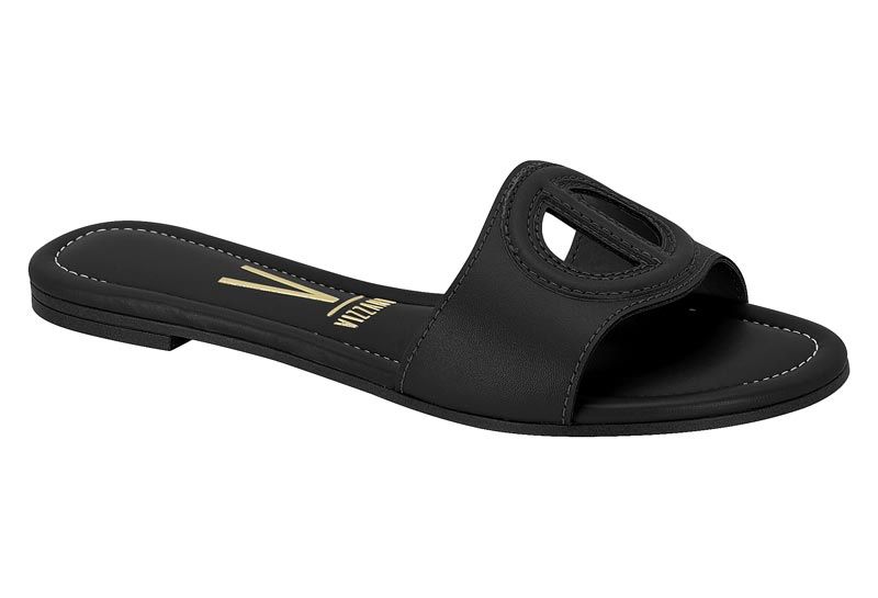 Vizzano black leather slide sandal featuring a cutout circular design gold logo and subtle stitching details
