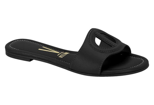 Vizzano black leather slide sandal featuring a cutout circular design gold logo and subtle stitching details

