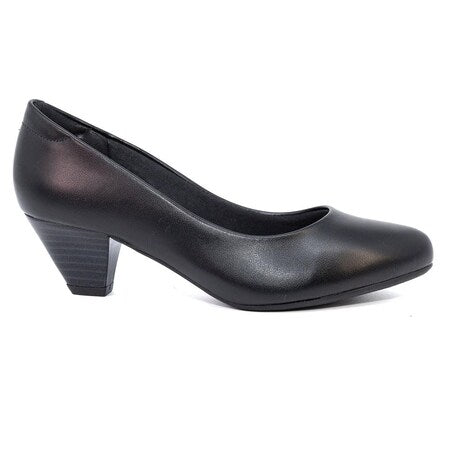 Product shot of a black women's low heeled pump featuring a slightly squared toe and a subtly textured wedge heel
