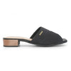 Modare black fabric mule with a low wooden heel featuring a gold logo and a slightly squared toe
