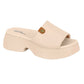 Modare platform slide sandal featuring a beige upper a tan logo detail and a chunky curved sole
