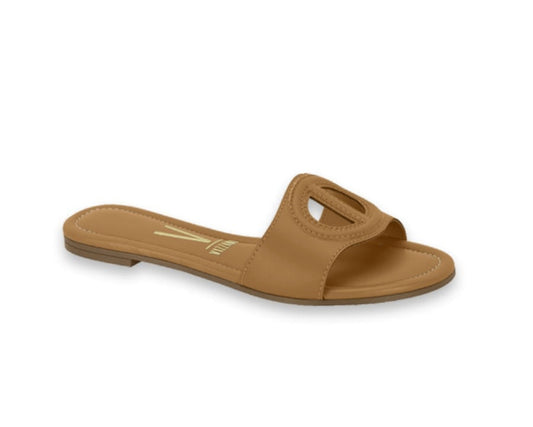 Vizzano tan leather slide sandal featuring a cutout circular detail and subtle stitching  on a flat sole
