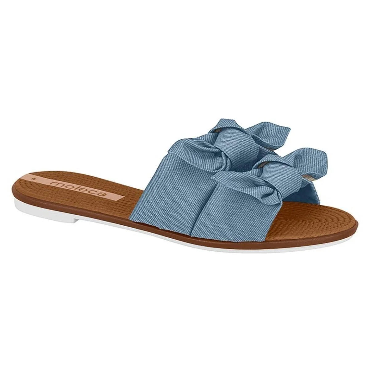 Moleca denim blue slide sandal featuring a double bow design brown sole and white trim
