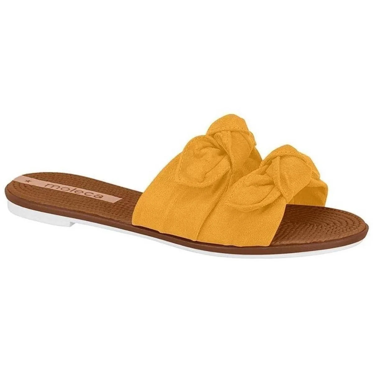 Moleca mustard yellow suede slide sandals with double knotted bows and brown and white sole
