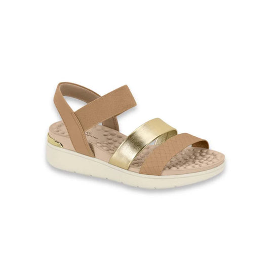 RF Designs womens tan and gold sandals featuring a textured footbed and metallic straps on a platform sole
