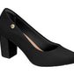 Product shot of a black women's  block-heeled pump featuring a textured upper, gold-toned logo, and a slightly rounded toe
